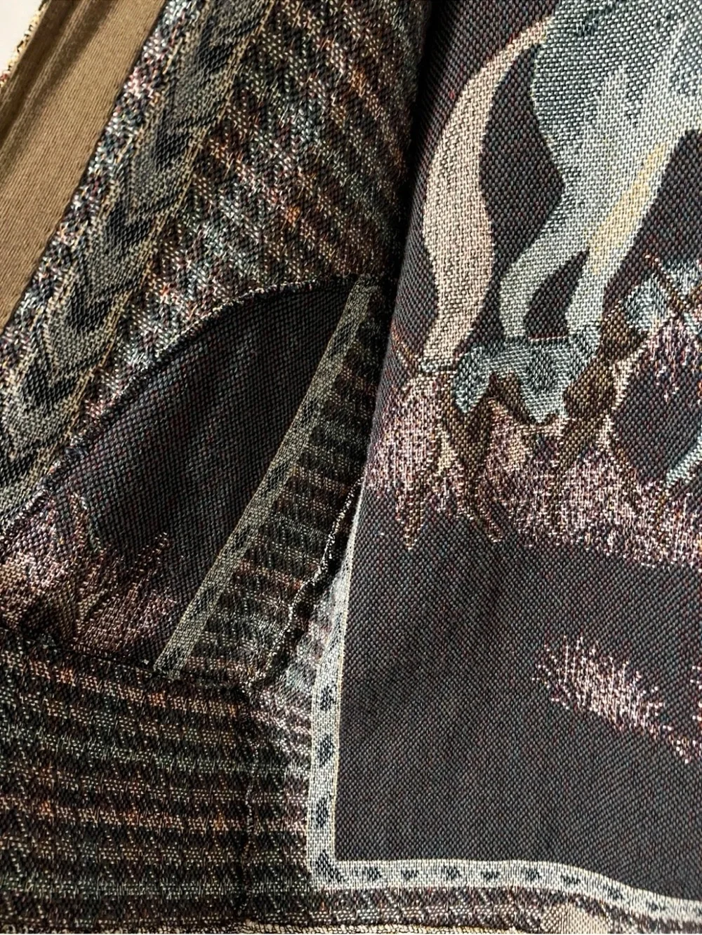 Vintage Tapestry Fox Hunt Horse Hound Scene Oversized Open Front Coat Vtg  J